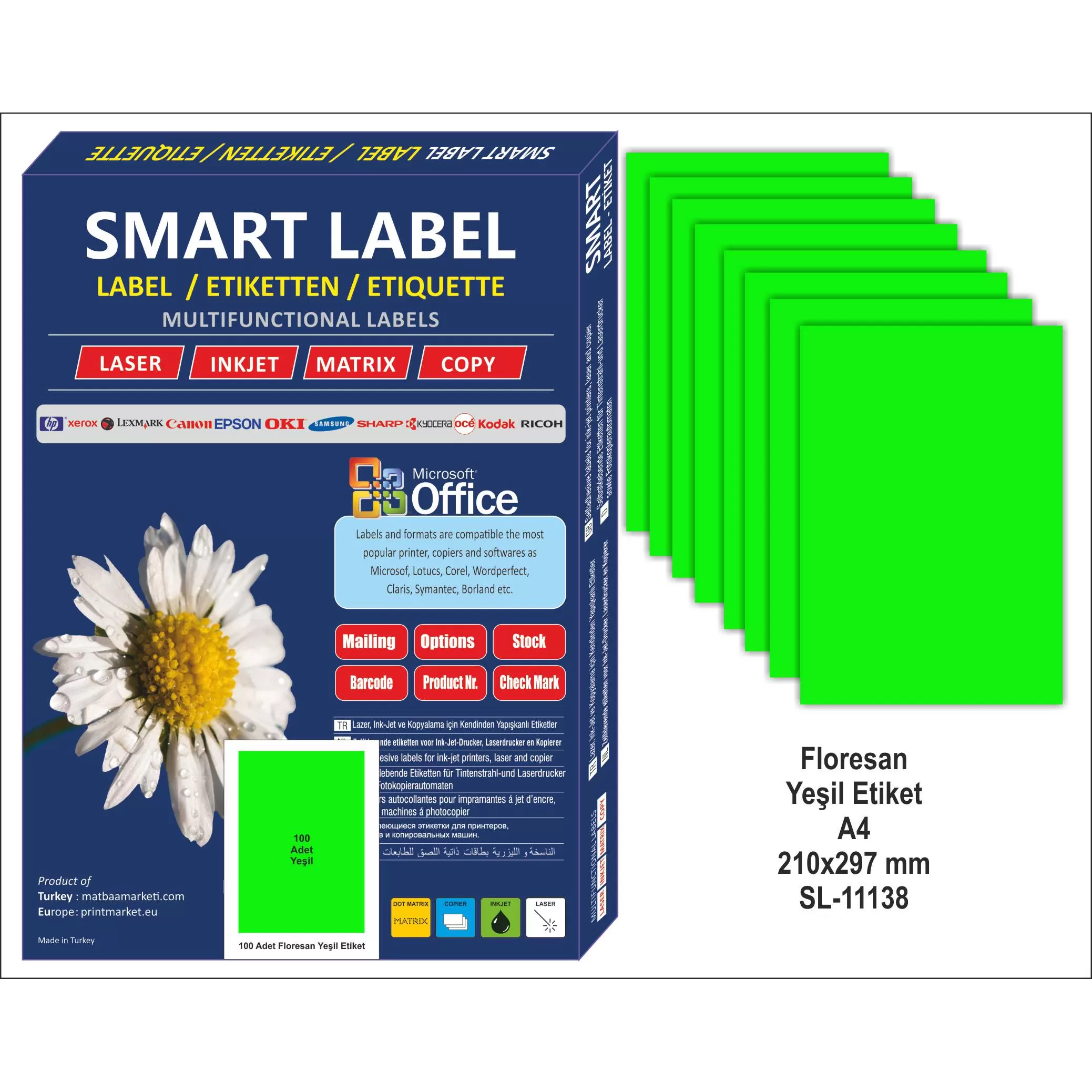floresan yesil a4 etiket 100 adet