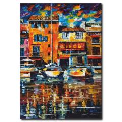 Deniz, Kayık ve Evler Yağlıboya Kanvas Tablo