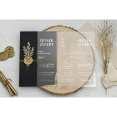 PVC Asetatlı, Altın Varak Baskılı, Siyah Yarım Kapak Zarflı Düğün Davetiyesi Ekonom 9278  Mühürsüz