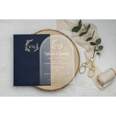 PVC Asetatlı, Altın Varak Baskılı, Özel Kesimli Zarf ve Kart Düğün Davetiyesi Ekonom 9311