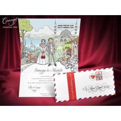 Karikatür Desen Baskılı İstanbul Temalı Davetiye - 5510