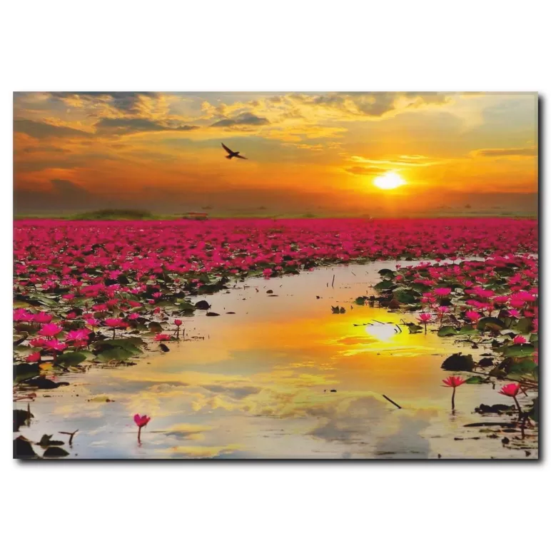 Kırmızı Nilüfer Çiçekleri Manzaralı Kanvas Tablo