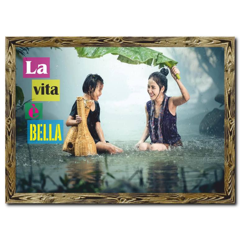 Yağmur Altında Anne Kız Doğal Ahşap Tablo Tablo