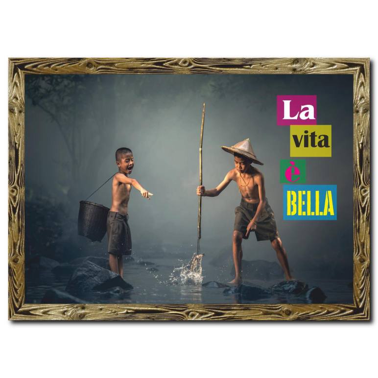 Mutlu Çocuklar Doğal Ahşap Çerçeveli Tablo