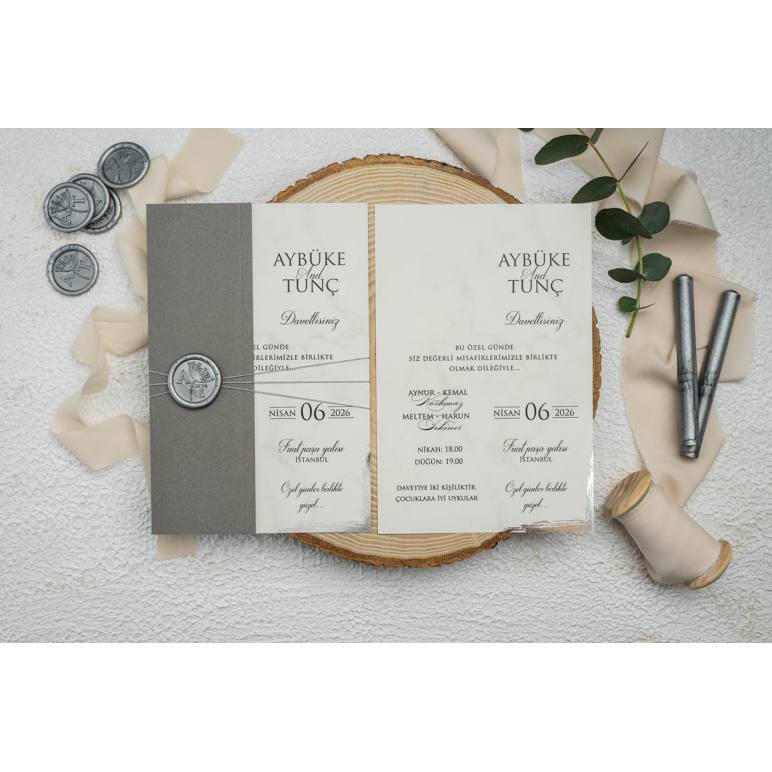 Klasik Sade, Yarım Kapak Zarflı Düğün Davetiyesi Ekonom 9276  Mühürsüz
