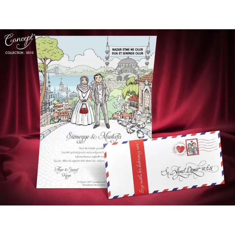 Karikatür Desen Baskılı İstanbul Temalı Davetiye - 5510