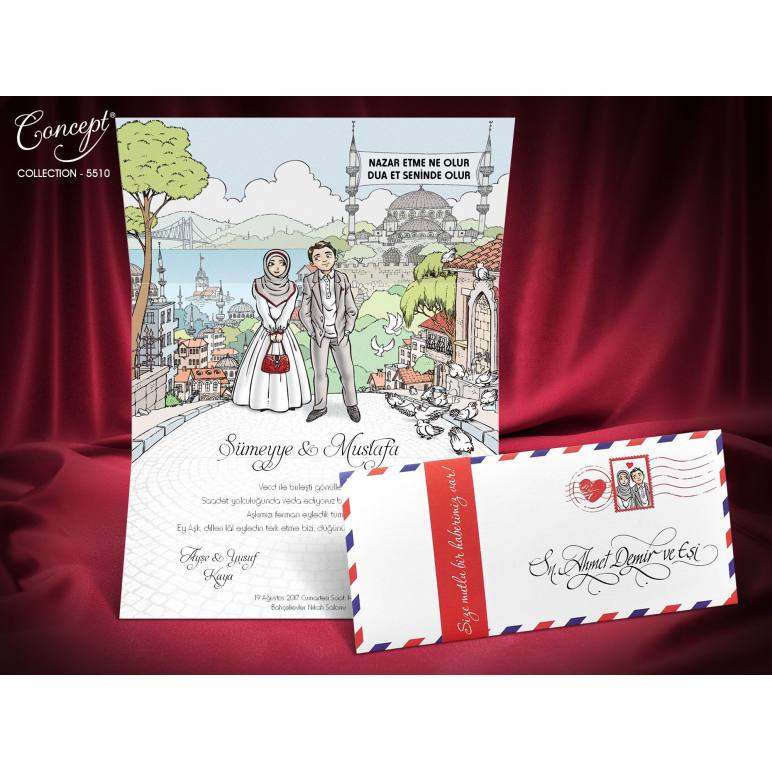 Karikatür Desen Baskılı İstanbul Temalı Davetiye - 5510