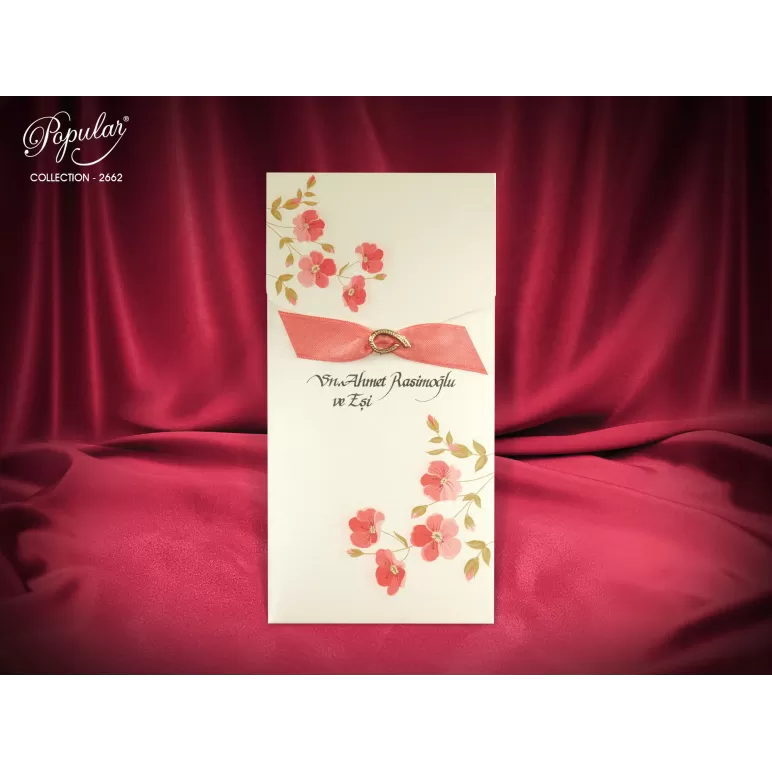 Çiçek Desen Baskılı, Kurdeleli Davetiye - 2662