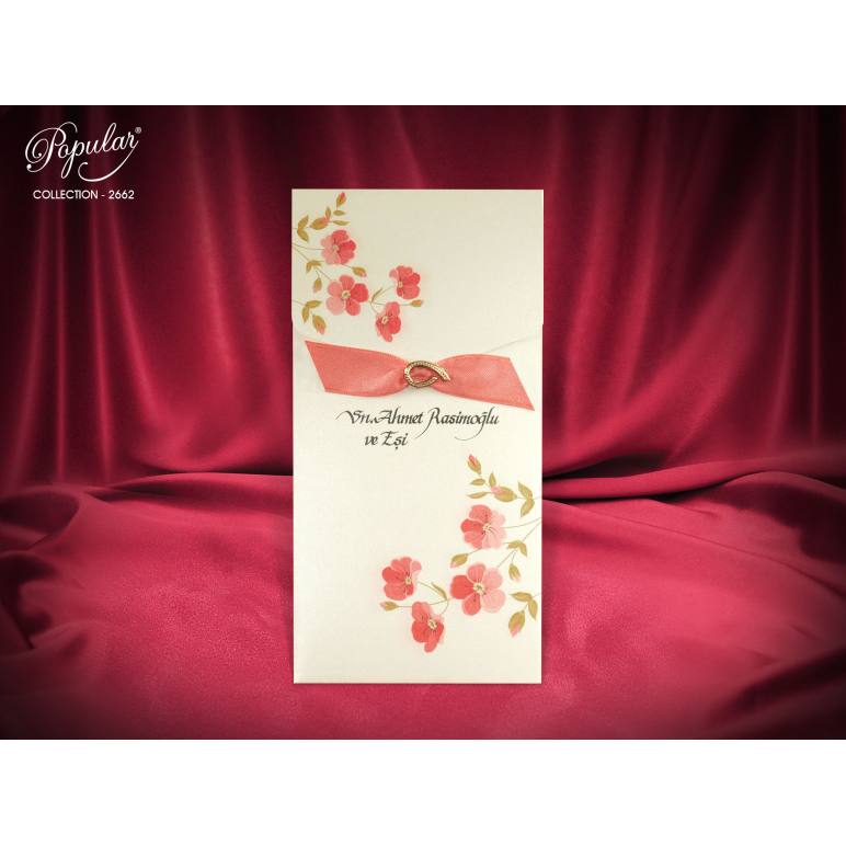 Çiçek Desen Baskılı, Kurdeleli Davetiye - 2662 Çiçek Desen Baskılı, Kurdeleli Davetiye - 2662
