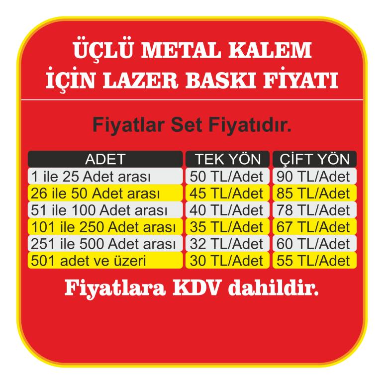 Üçlü Metal Kalem Lazer Baskı Hizmeti