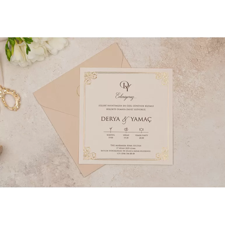 Altın Varak Desen Baskılı Lüks Düğün Davetiyesi - Erdem 5115
